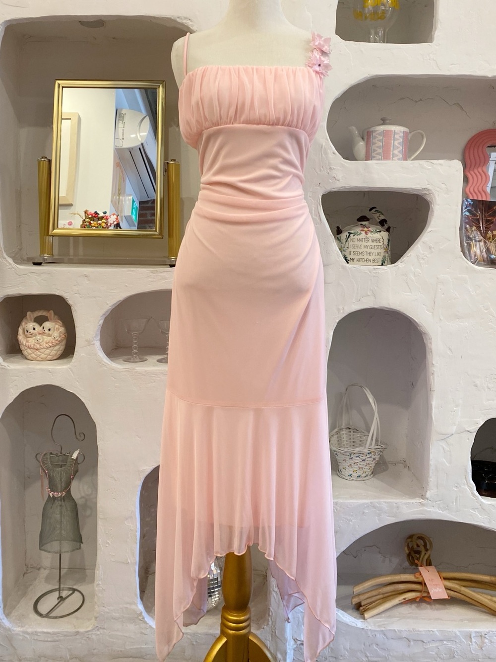 Y2K Light Pink Fairy Core Mesh Asymmetrical Hem Long Evening or Party Dress